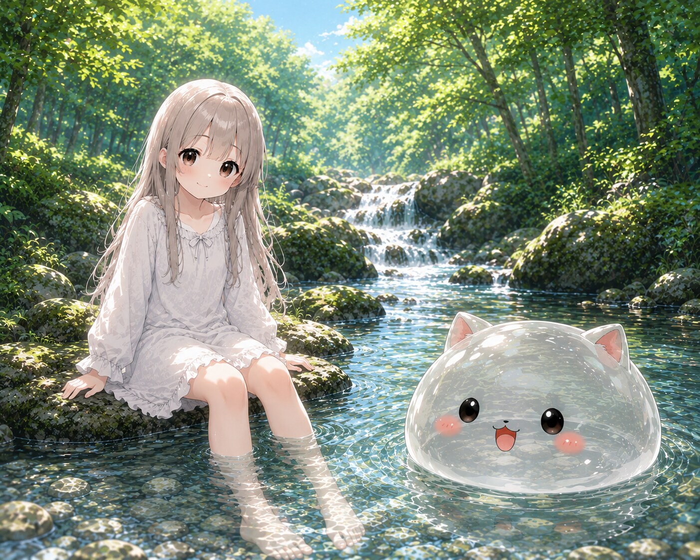 川辺で涼を取るネッコと大福