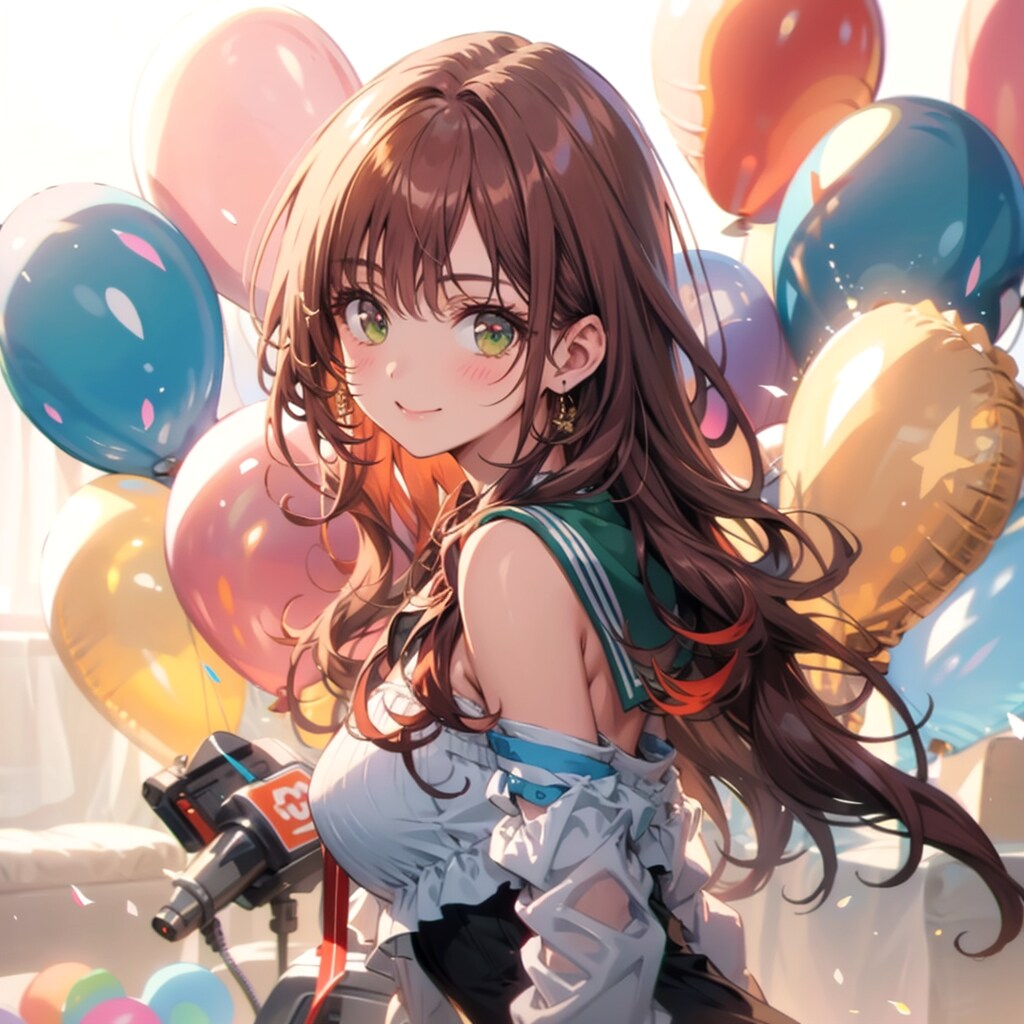 色とりどりの風船を持つ赤い髪ロングウェーブヘアの緑色のセーラー服着た美少女