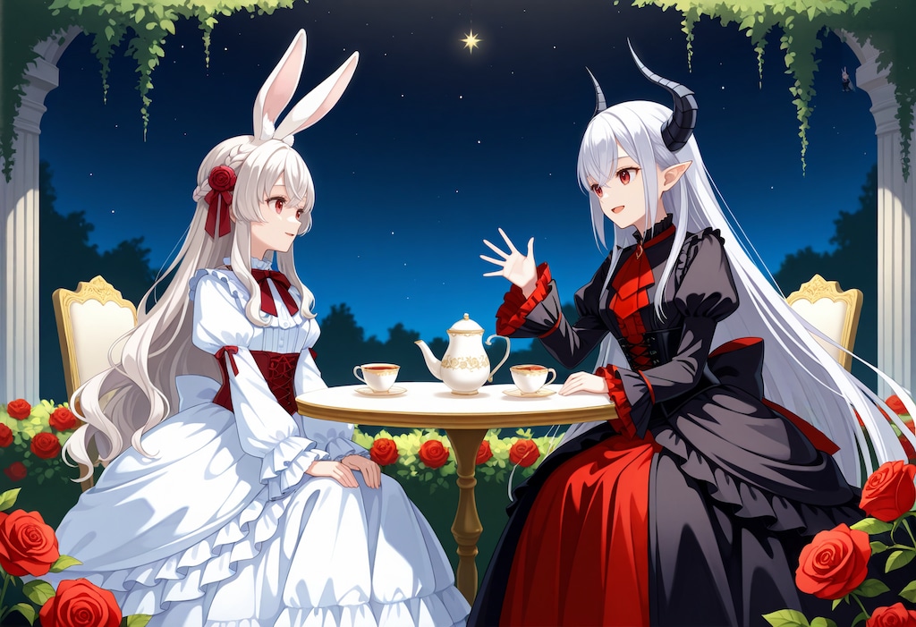 兎娘エリアーヌさんといつもの銀髪竜姫さんによる夜のお茶会ファンアートコラボレーション