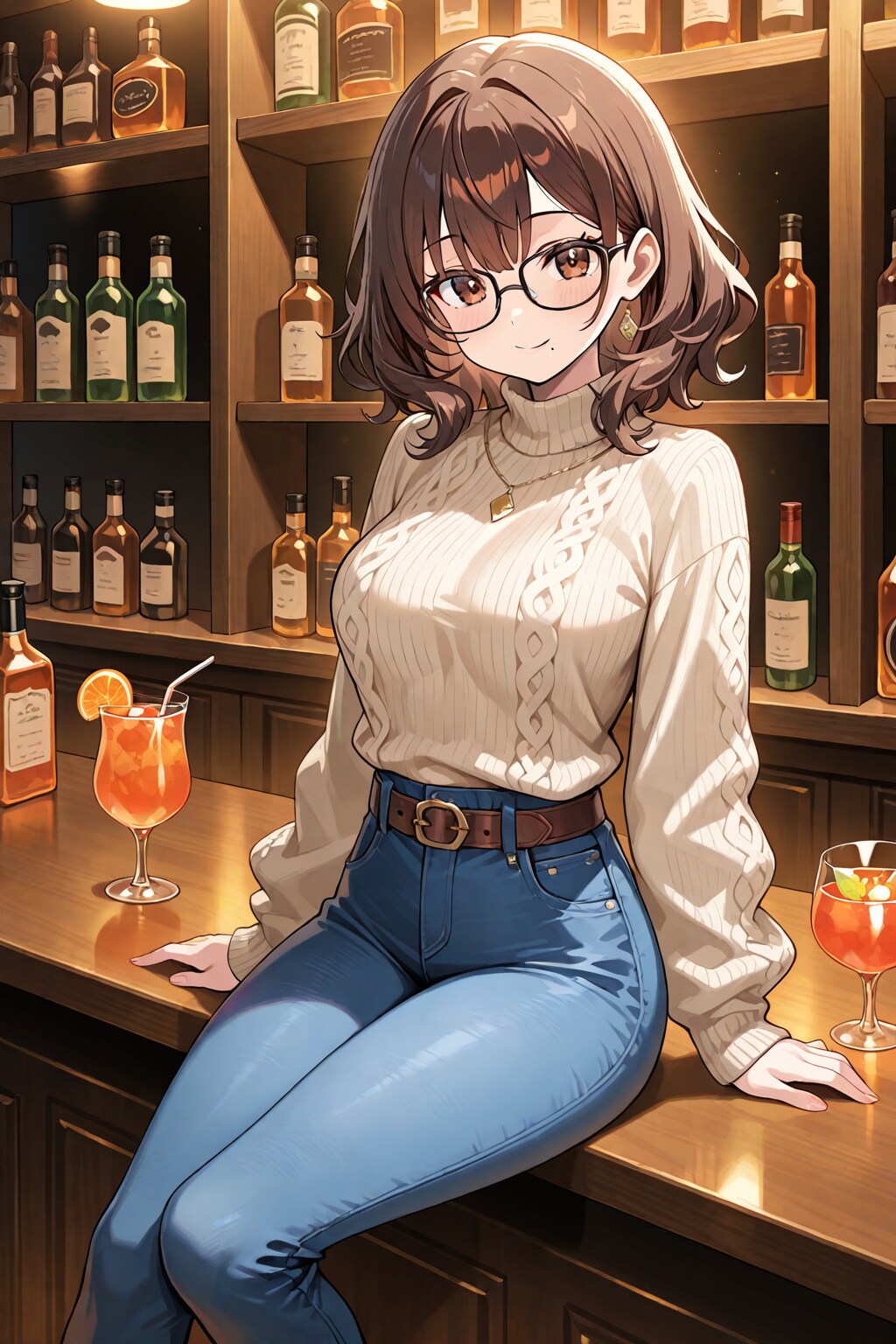 眼鏡美女とバーカウンター