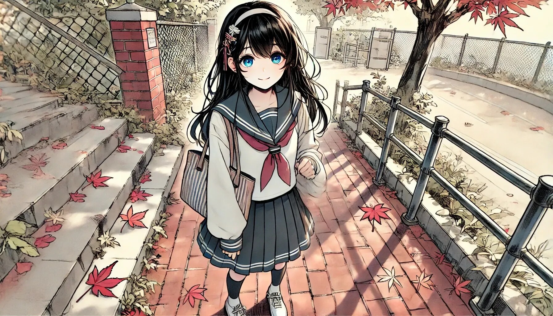 紅葉のなかのセーラー服少女