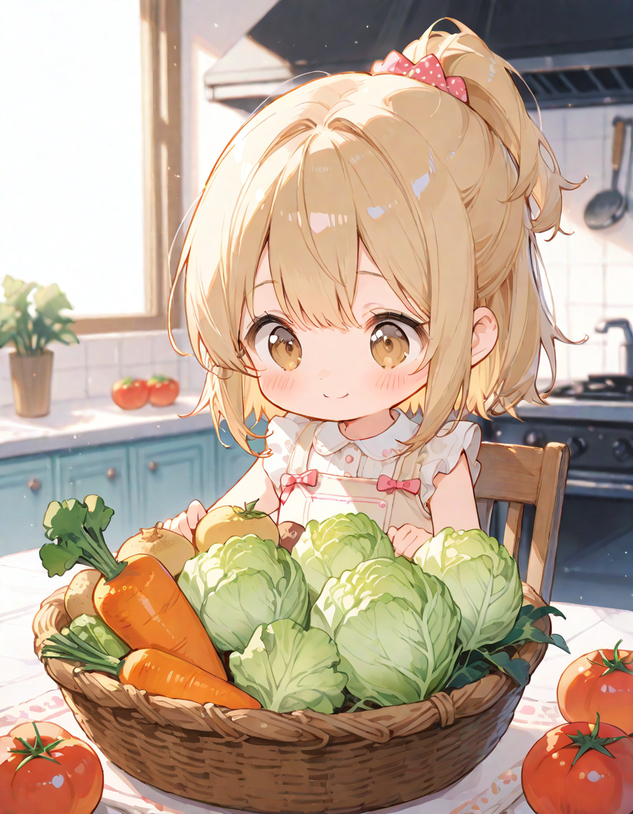 野菜とちび金ポニテちゃん | の人気AIイラスト・グラビア