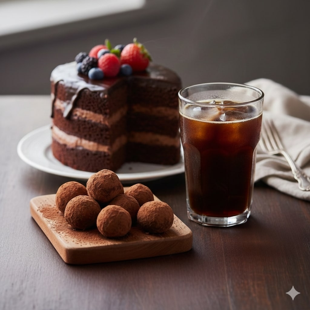 【3時のおやつ】チョコレートケーキ、チョコレートトリュフ、アイスコーヒー
