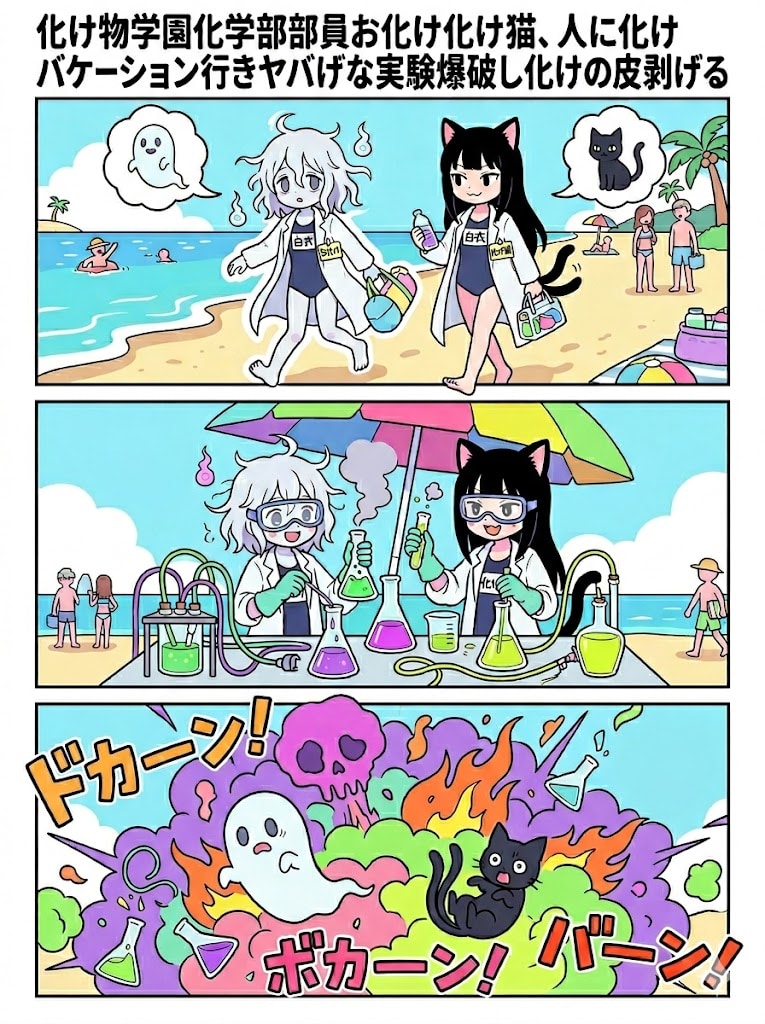 化け物学園化学部部員お化け化け猫、人に化けバケーション行きヤバげな実験爆破し化けの皮剥げる | の人気AIイラスト・グラビア