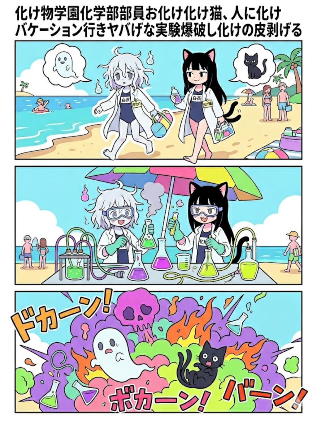 化け物学園化学部部員お化け化け猫、人に化けバケーション行きヤバげな実験爆破し化けの皮剥げる