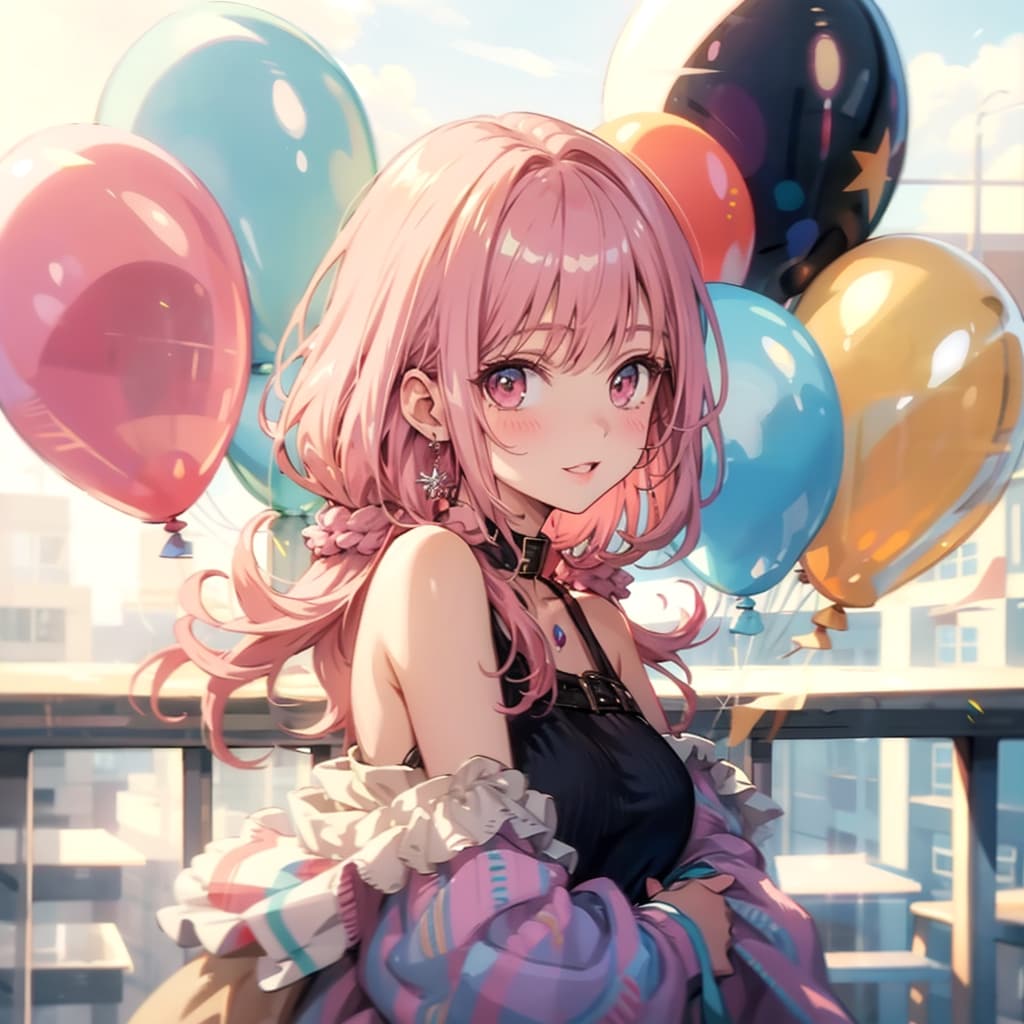いっぱい風船を持つピンク髪ロングのお姫様。 | の人気AIイラスト・グラビア