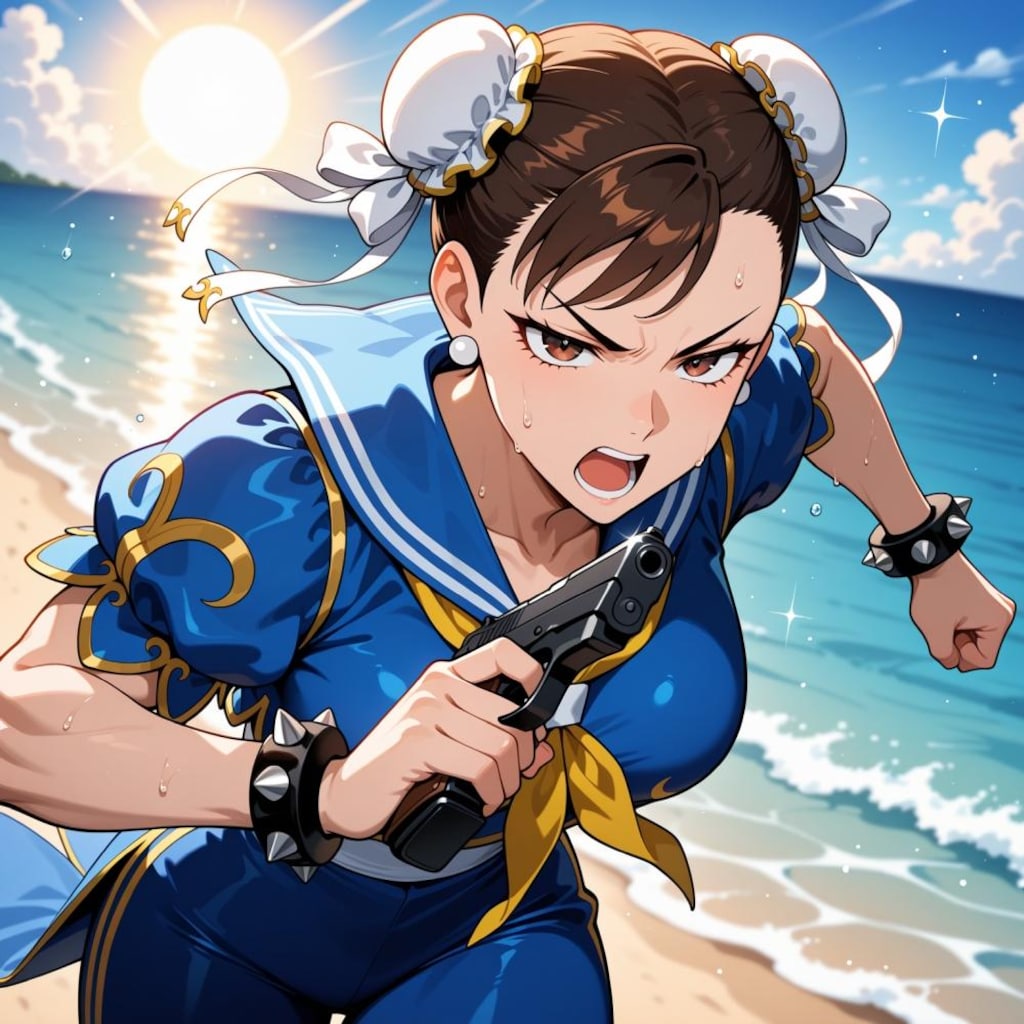 海賊追いかけるセーラーワンピース水着コスプレ警官人妻&ペン水彩猫画