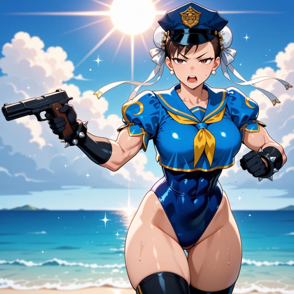 海賊追いかけるセーラーワンピース水着コスプレ警官人妻&ペン水彩猫画