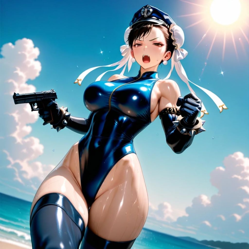 海賊追いかけるセーラーワンピース水着コスプレ警官人妻&ペン水彩猫画