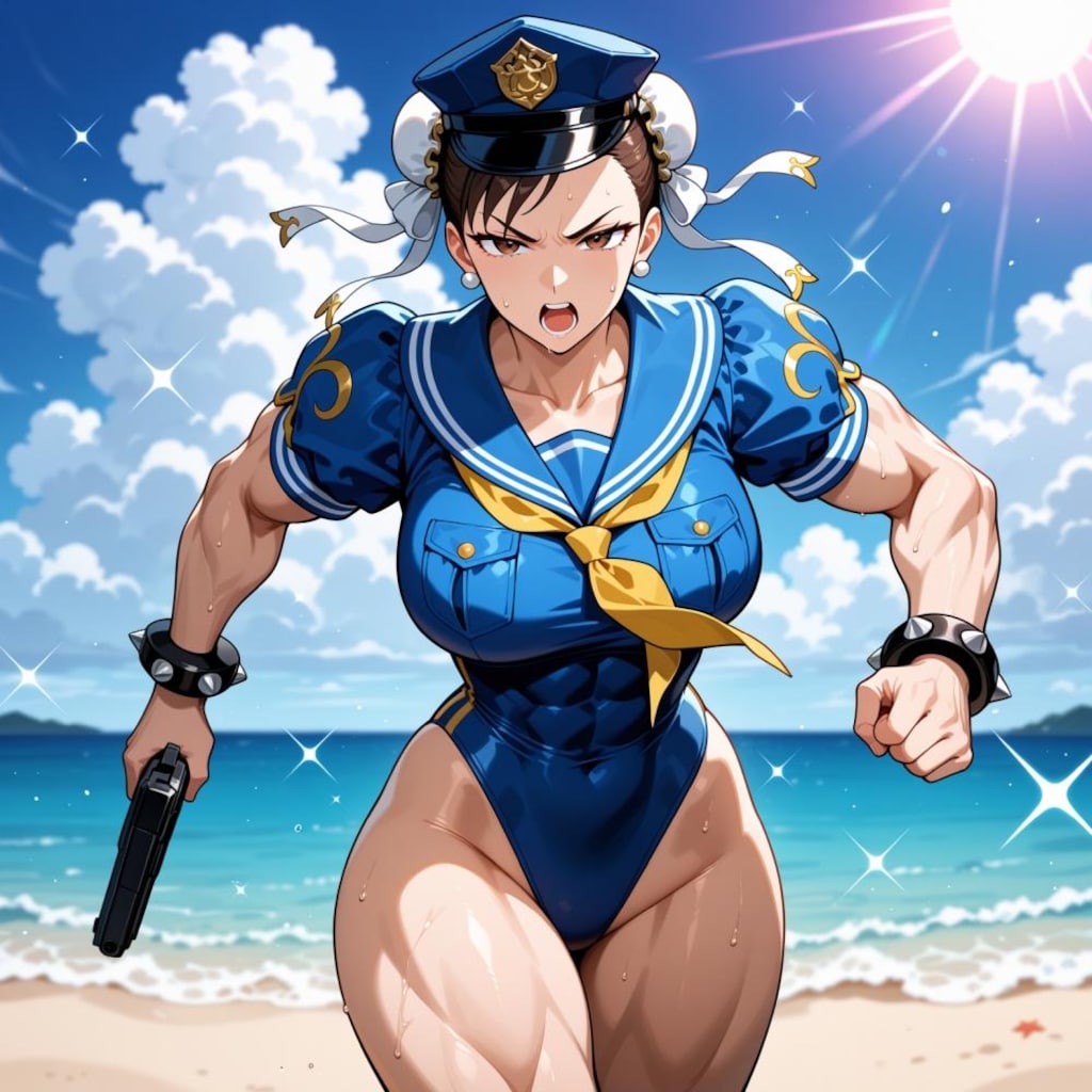 海賊追いかけるセーラーワンピース水着コスプレ警官人妻&ペン水彩猫画