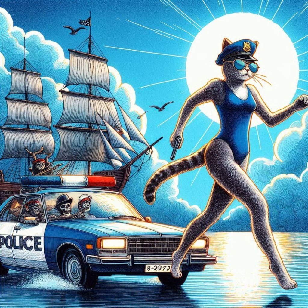 海賊追いかけるセーラーワンピース水着コスプレ警官人妻&ペン水彩猫画