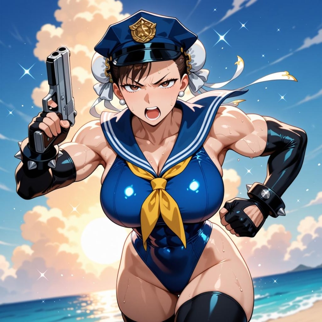 海賊追いかけるセーラーワンピース水着コスプレ警官人妻&ペン水彩猫画