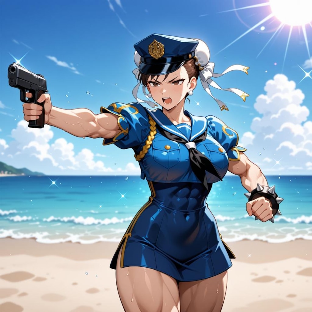 海賊追いかけるセーラーワンピース水着コスプレ警官人妻&ペン水彩猫画