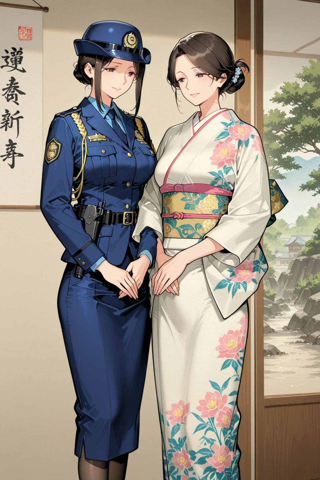 母娘の婦人警官を美しく描いた日本画