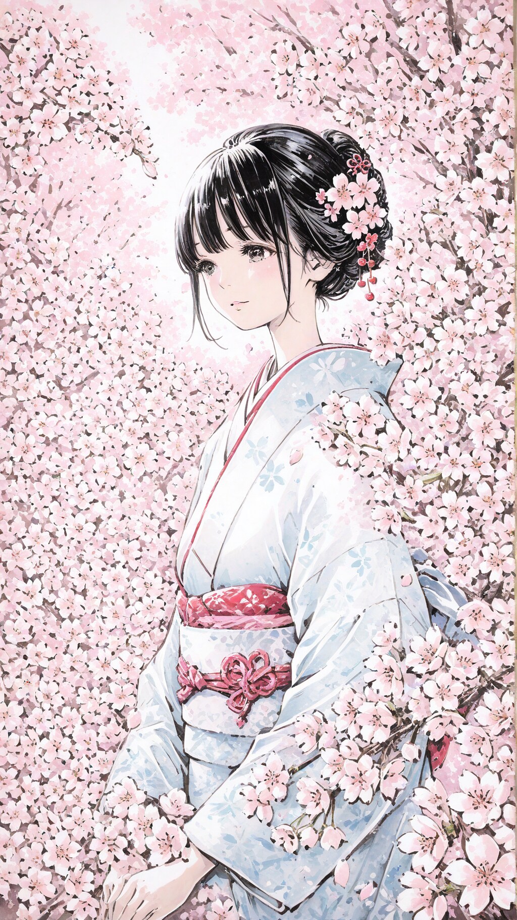 桜と着物の少女