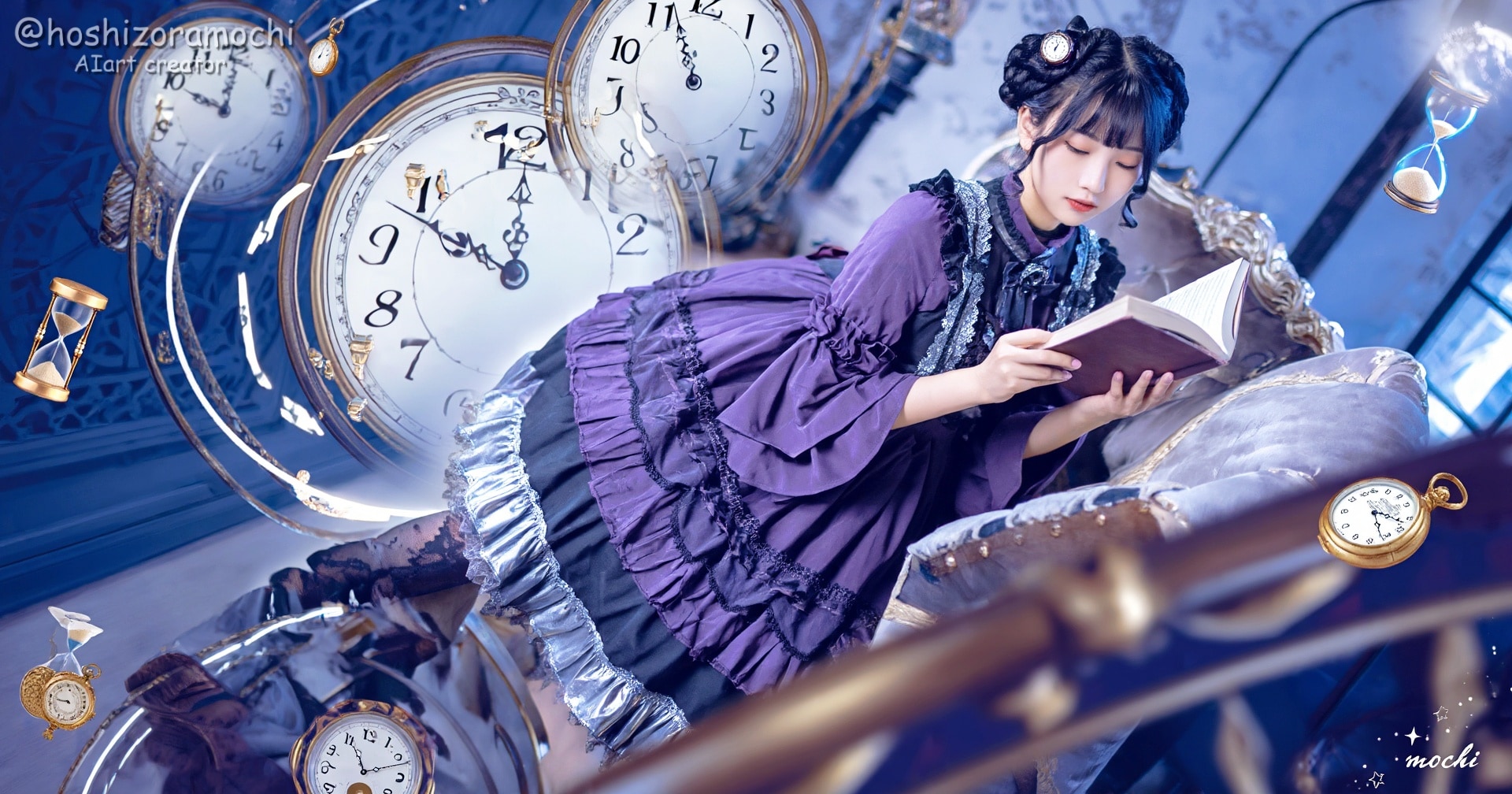 時計に囲まれて読書するの✨