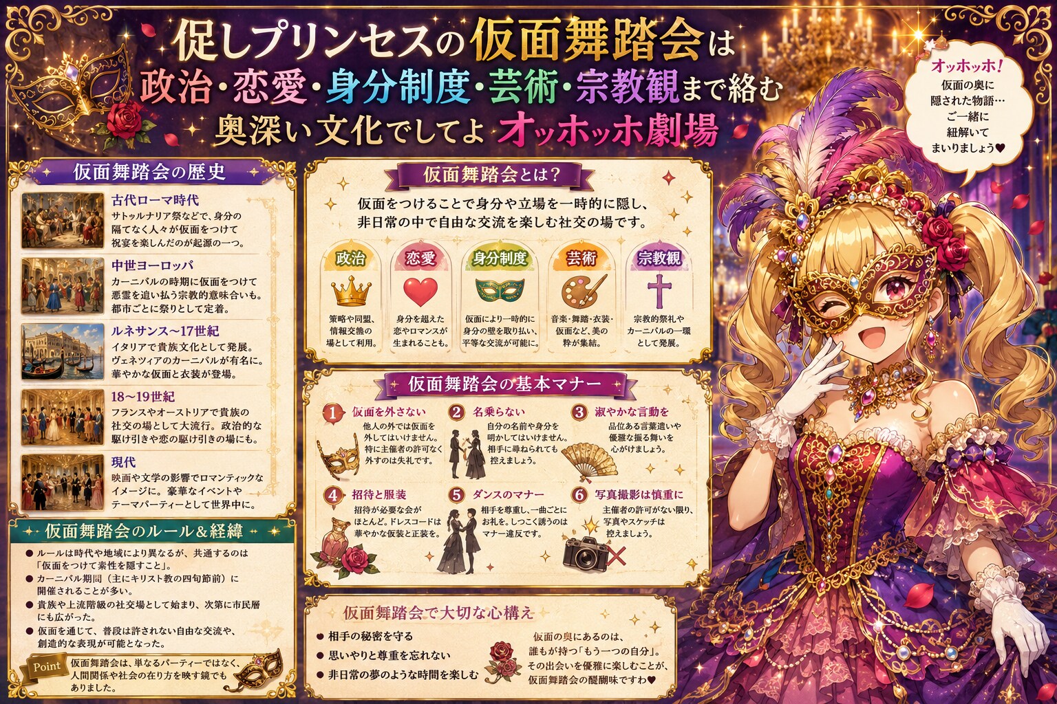 促しプリンセスの仮面舞踏会は政治・恋愛・身分制度・芸術・宗教観まで絡む奥深い文化でしてよオッホッホ劇場