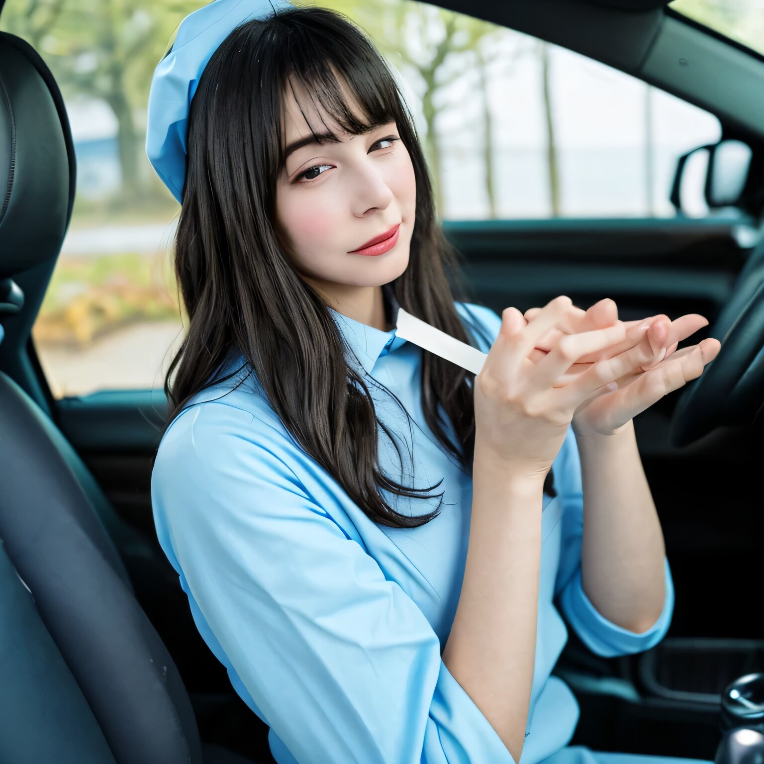 黒髪ロングで車内の美女１２ | の人気AIイラスト・グラビア