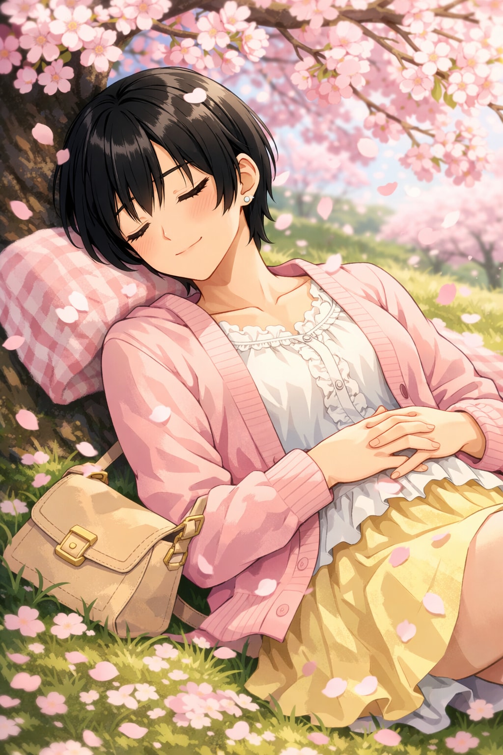 桜の下でお昼寝をしている男の娘 | の人気AIイラスト・グラビア