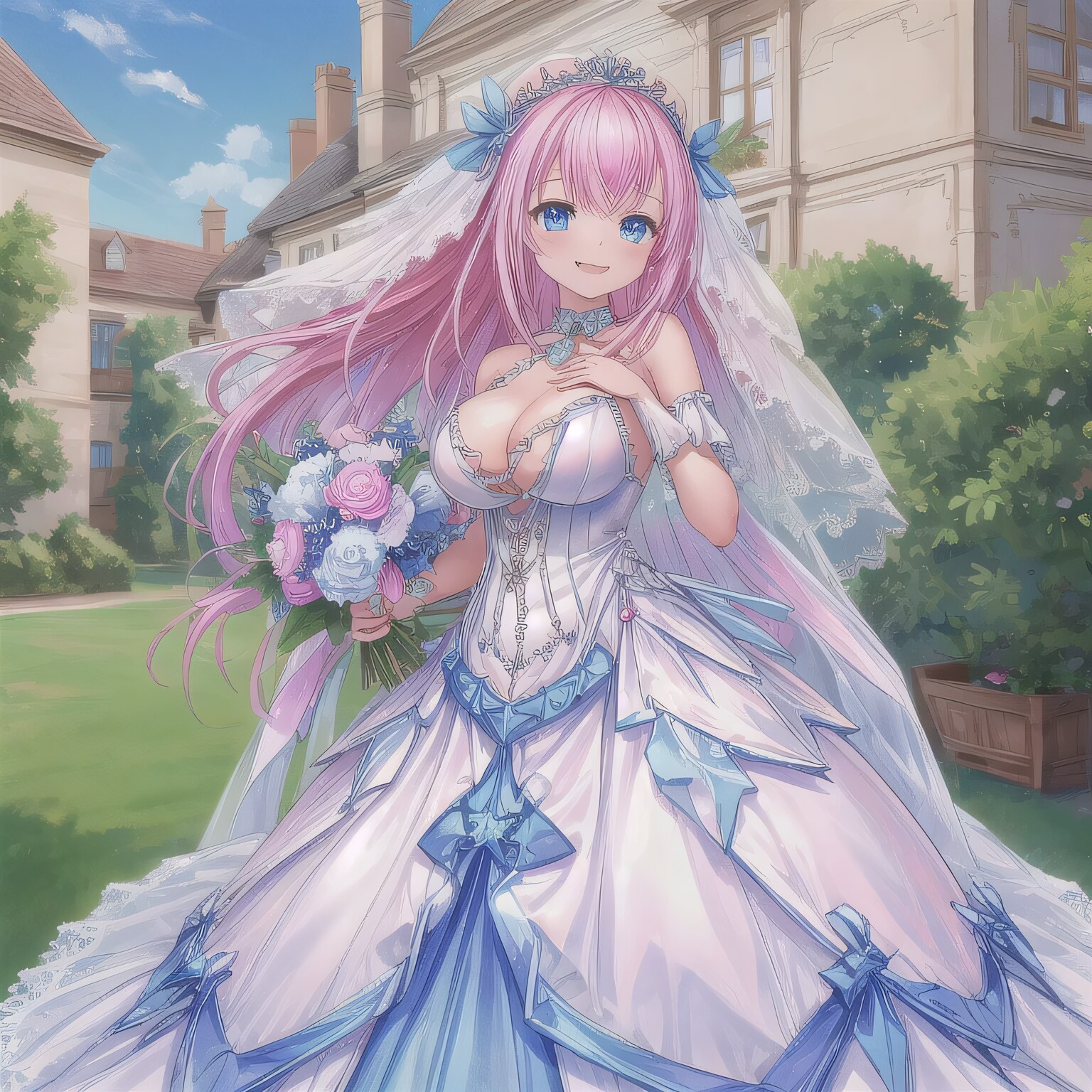 ピンク髪ロングでウェディングドレスの少女７ | の人気AIイラスト・グラビア