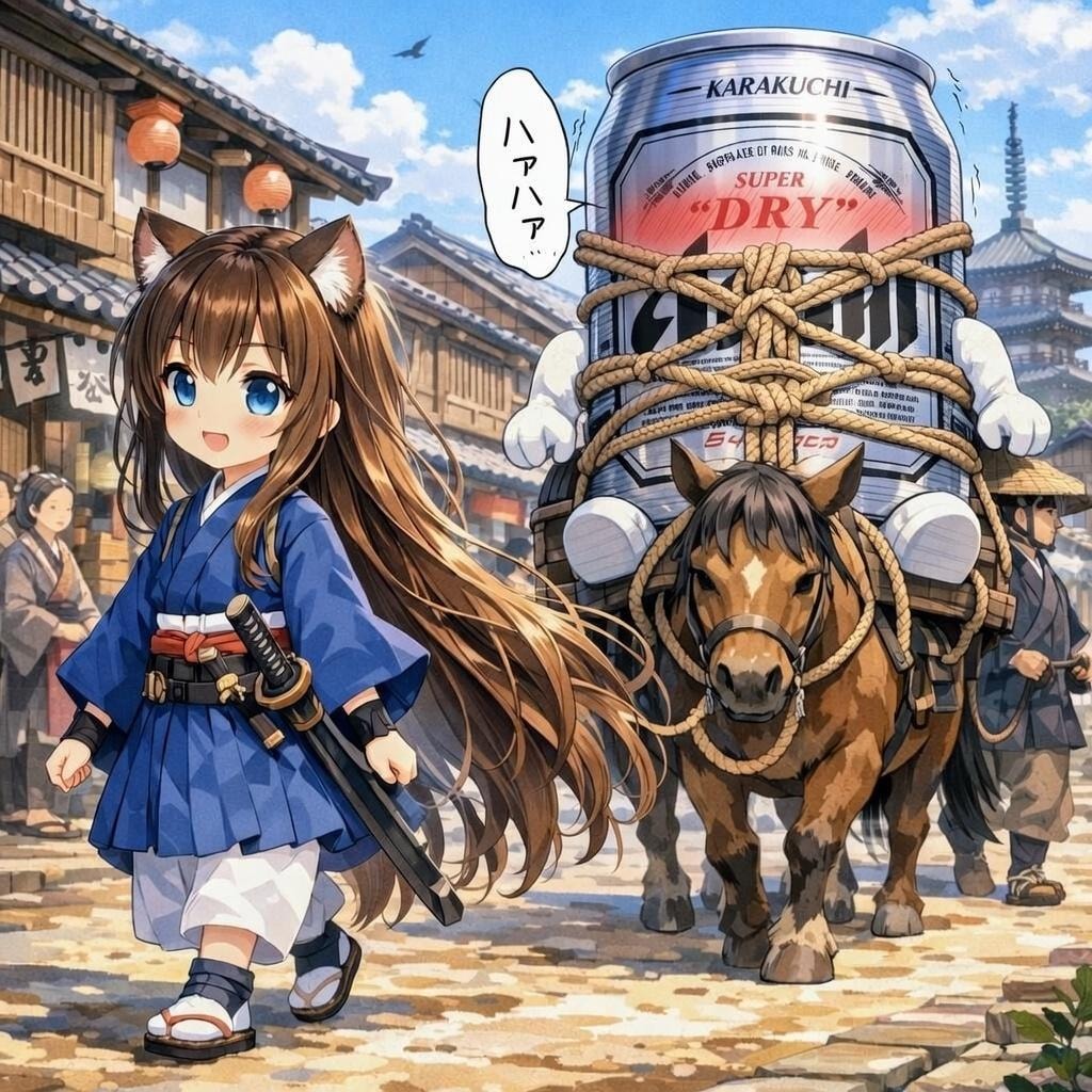 亀甲縛りのビール缶を連れ回す小さな女の子