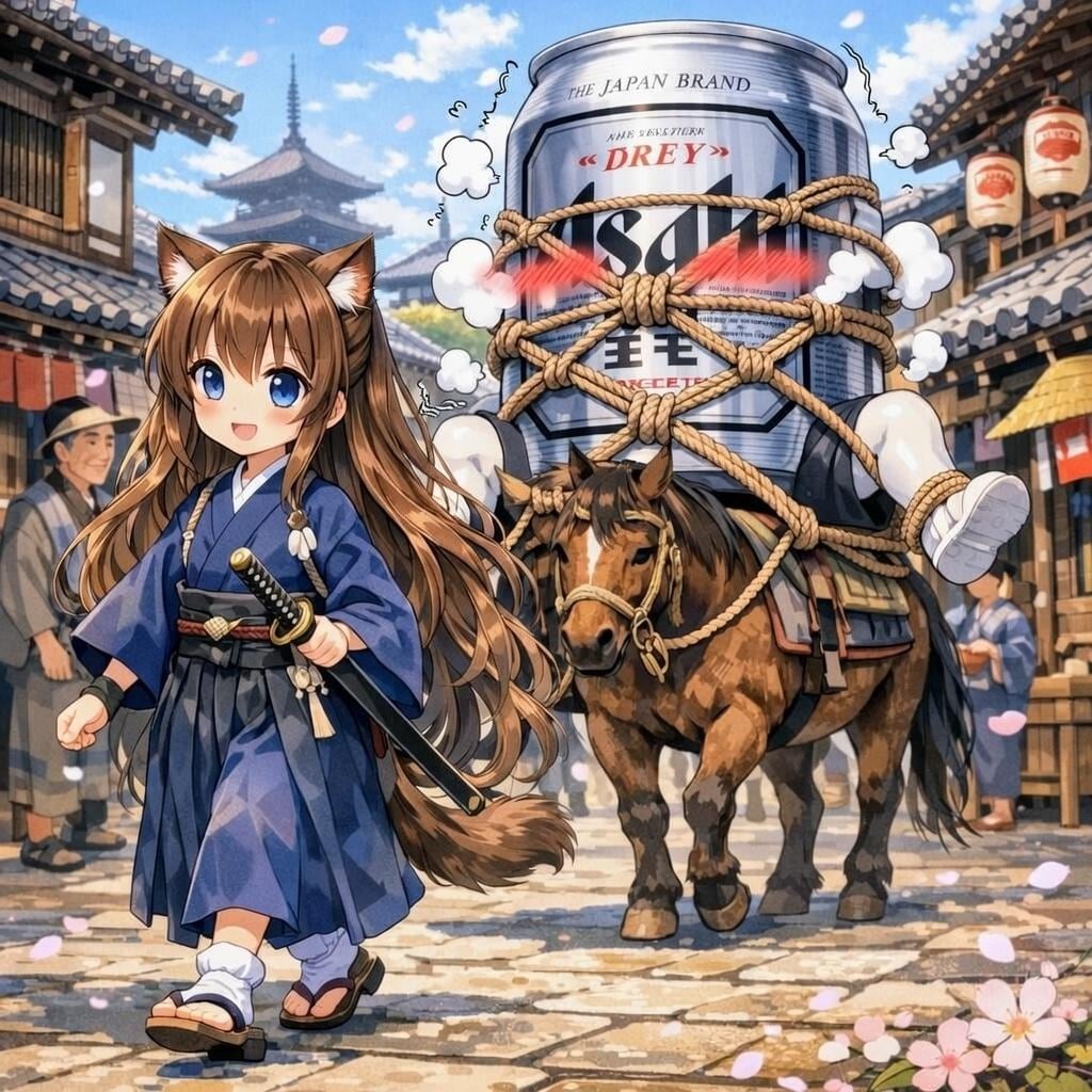 亀甲縛りのビール缶を連れ回す小さな女の子