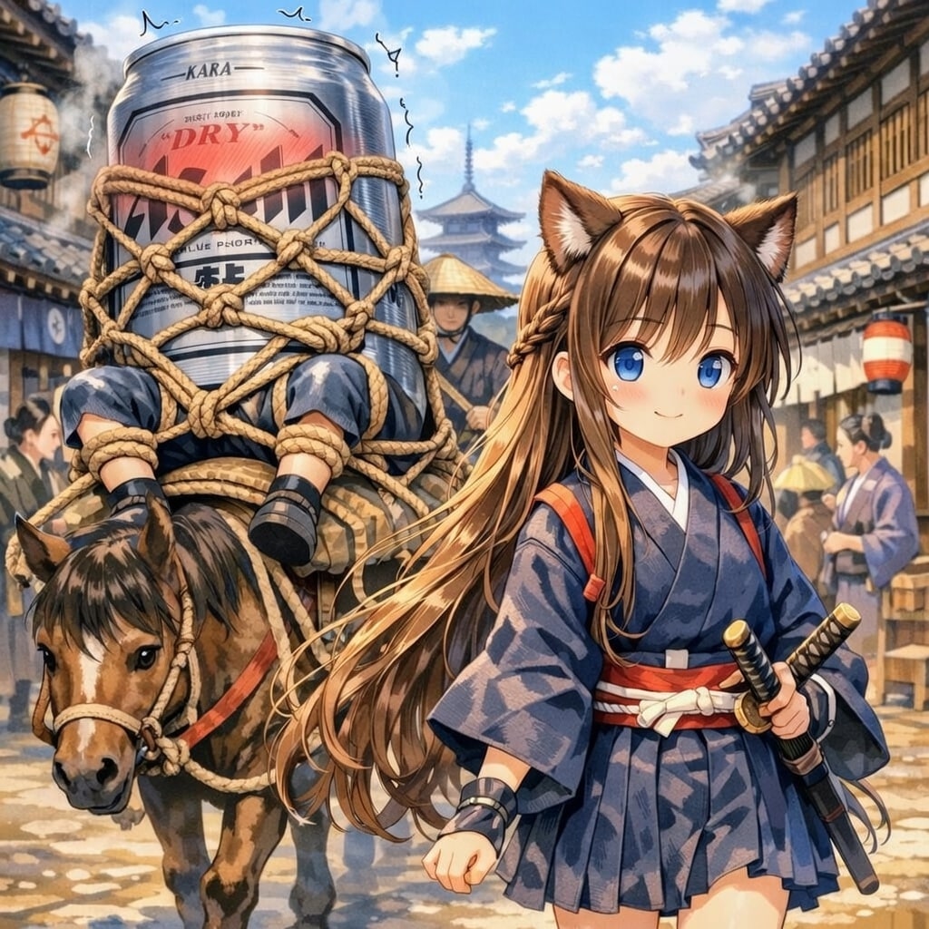 亀甲縛りのビール缶を連れ回す小さな女の子 | の人気AIイラスト・グラビア