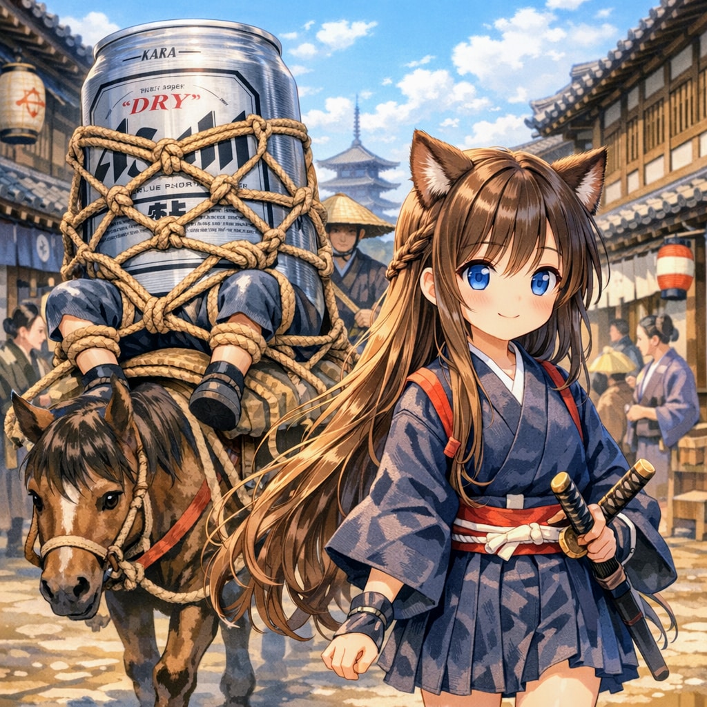 亀甲縛りのビール缶を連れ回す小さな女の子