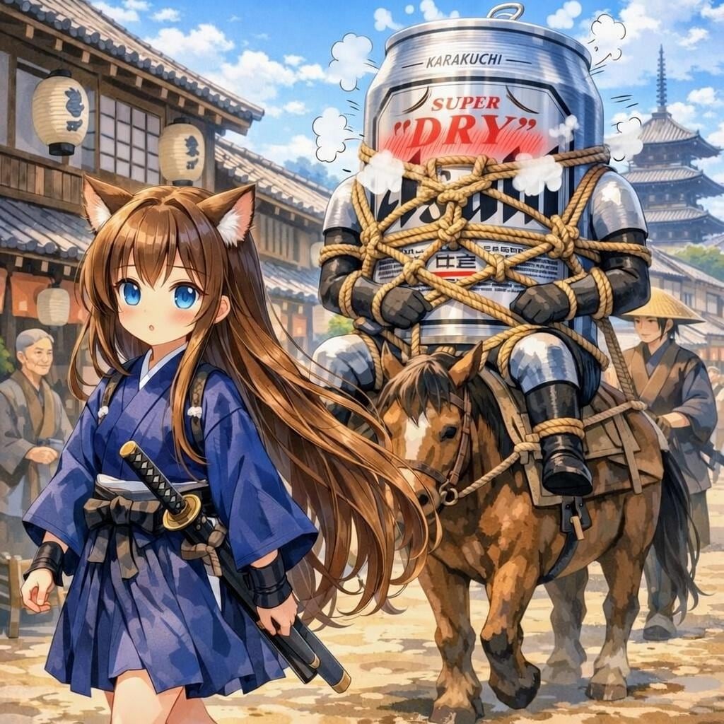 亀甲縛りのビール缶を連れ回す小さな女の子