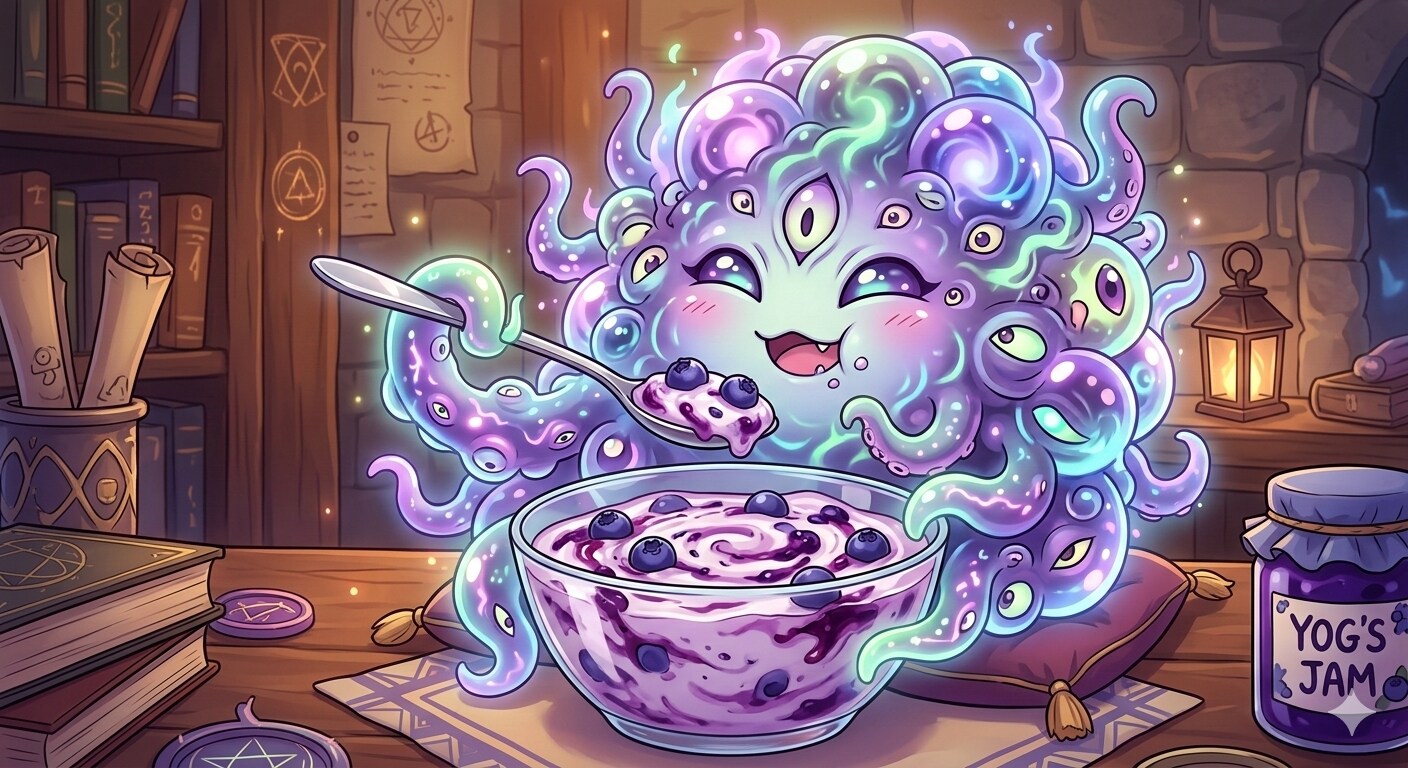ブルーベリーヨーグルトを食べるヨグ