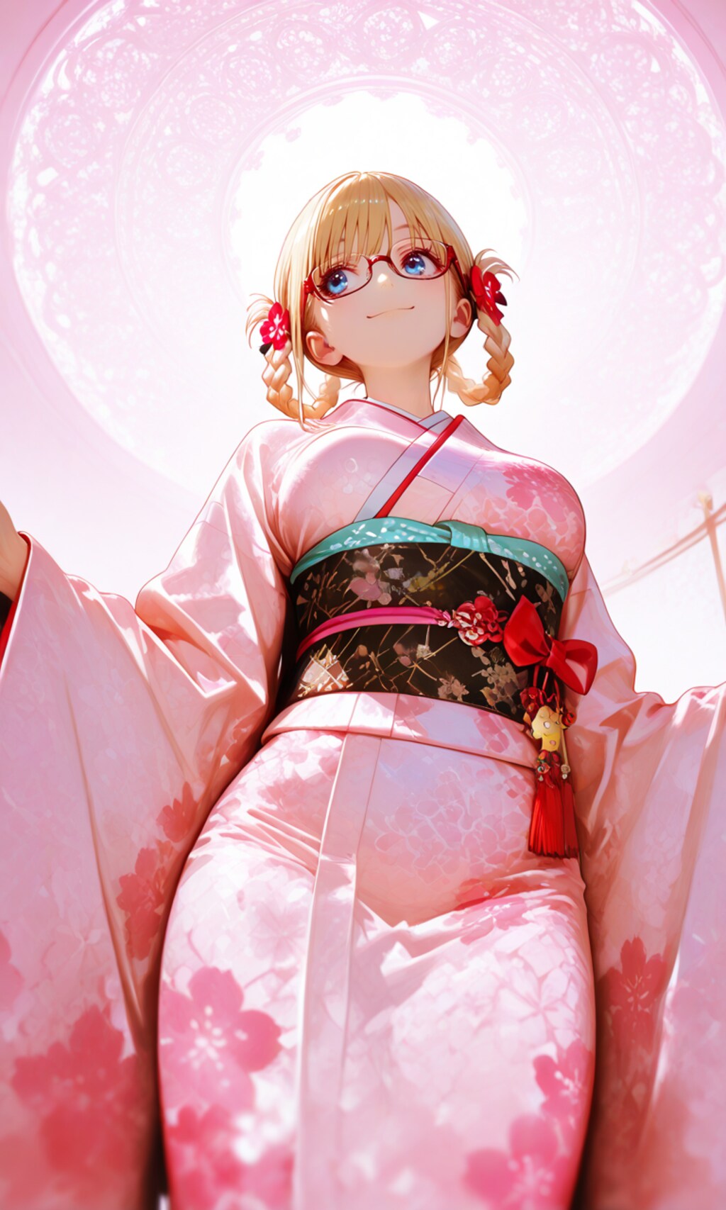 red eyewear, と hair ring,