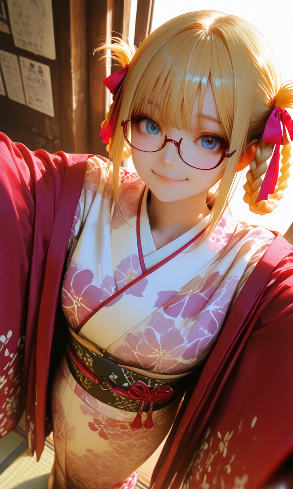 red eyewear, と hair ring,