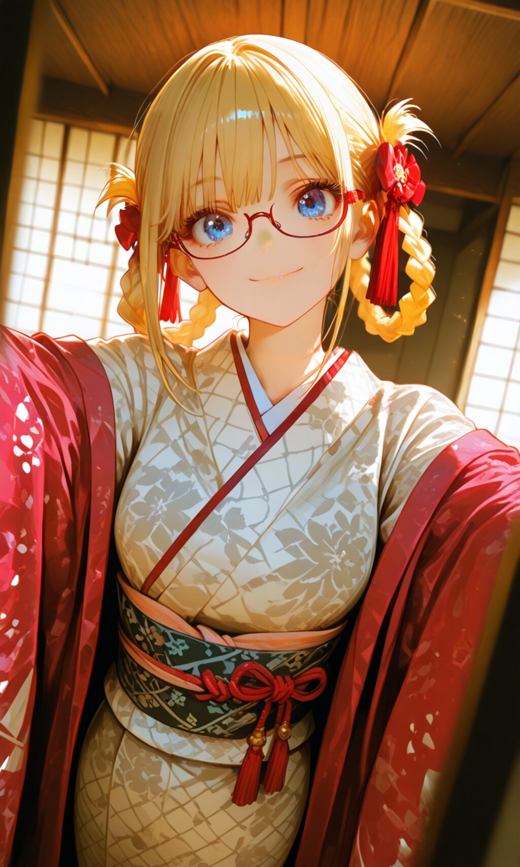 red eyewear, と hair ring,