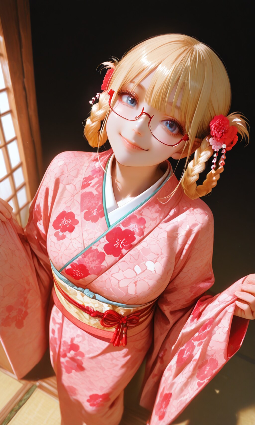 red eyewear, と hair ring,