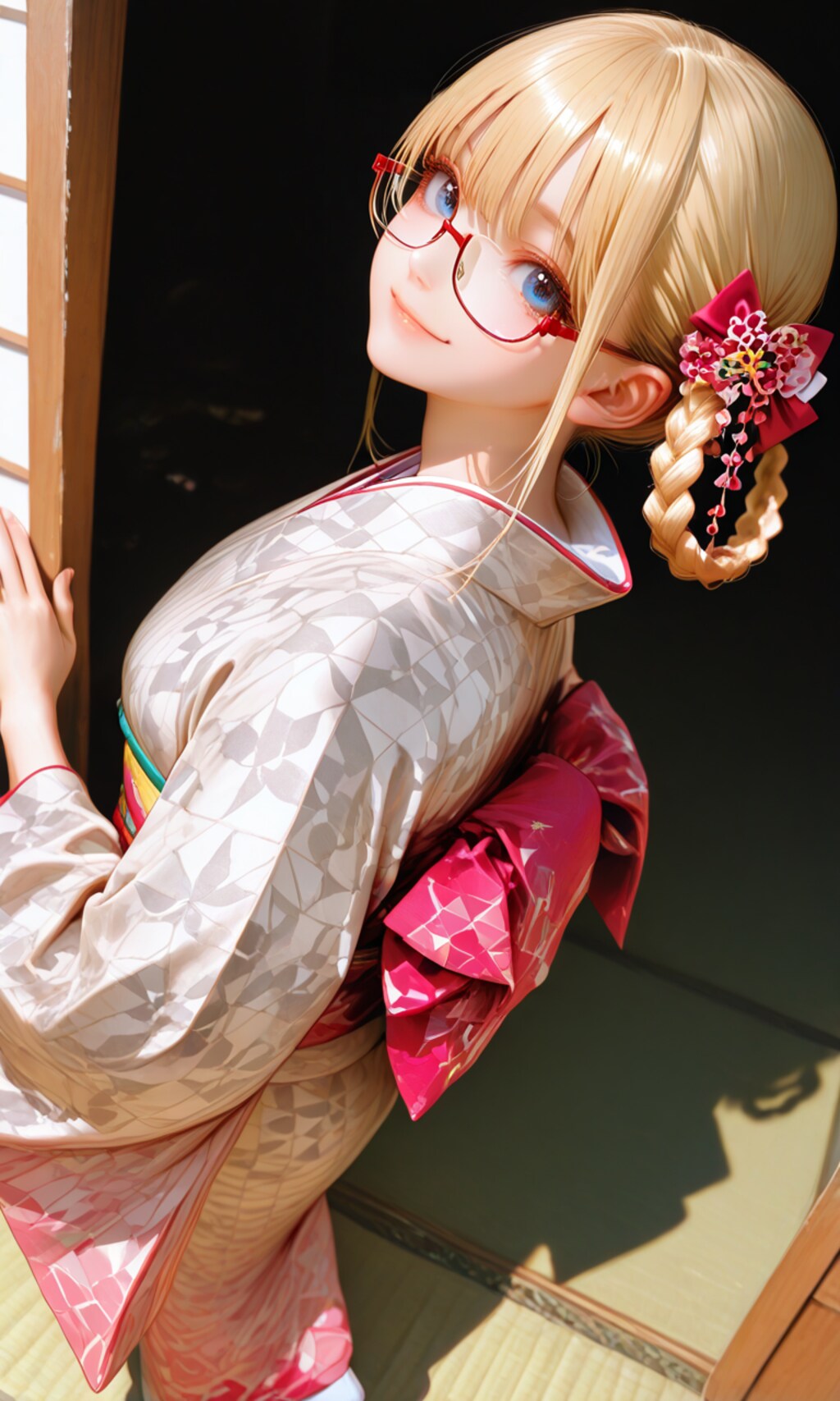 red eyewear, と hair ring,