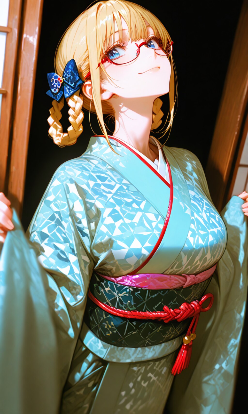 red eyewear, と hair ring,