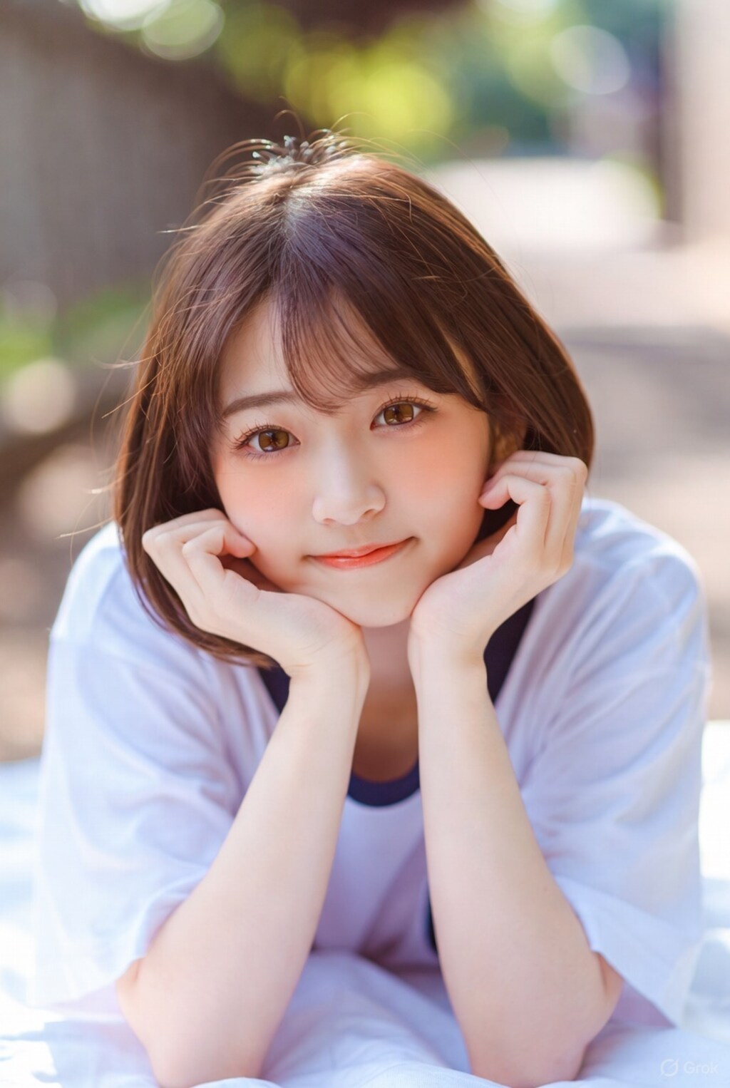 茶髪ボブでＴシャツの美女３