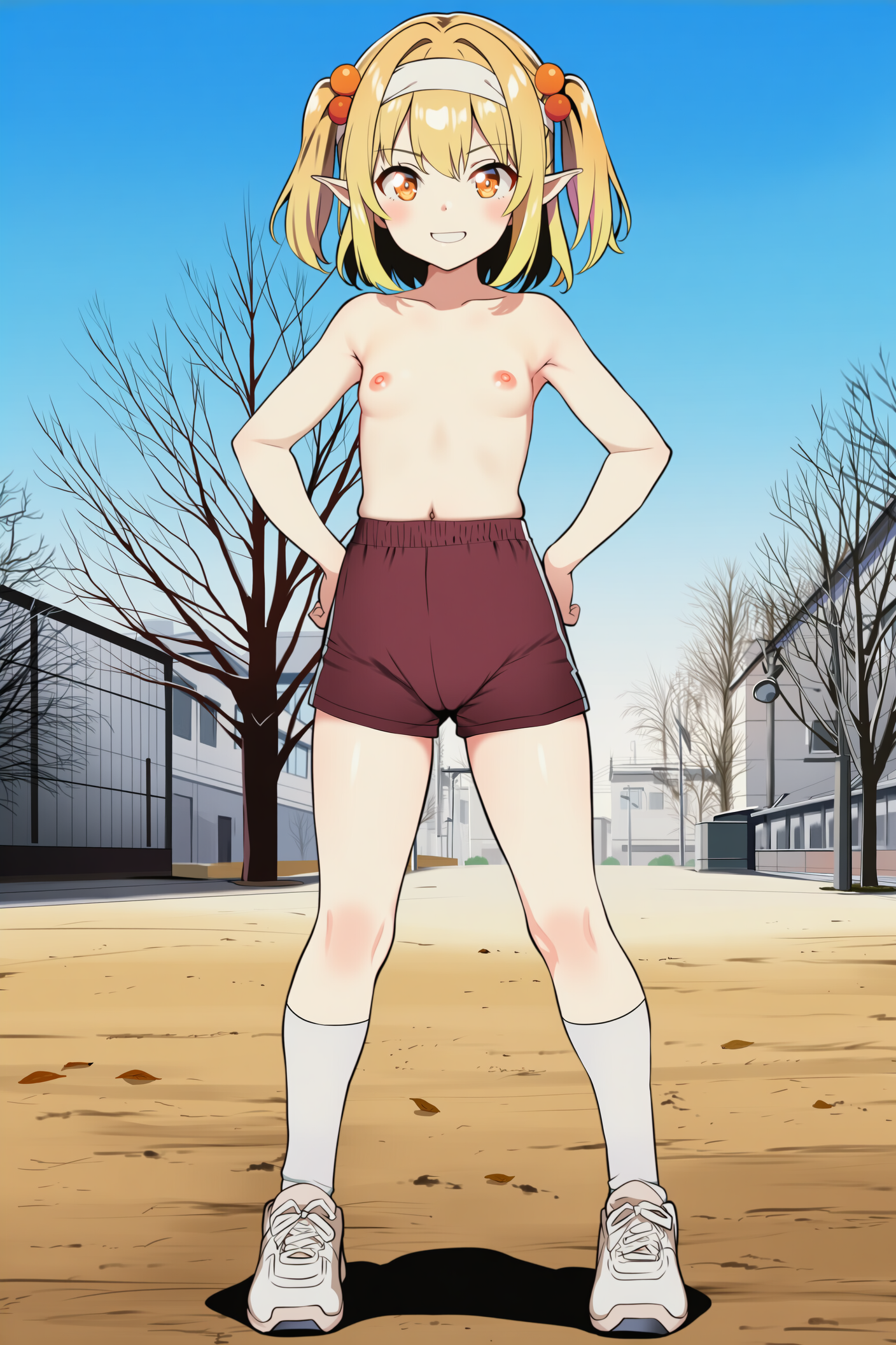 上半身裸+体操着の短パンのエルフさん