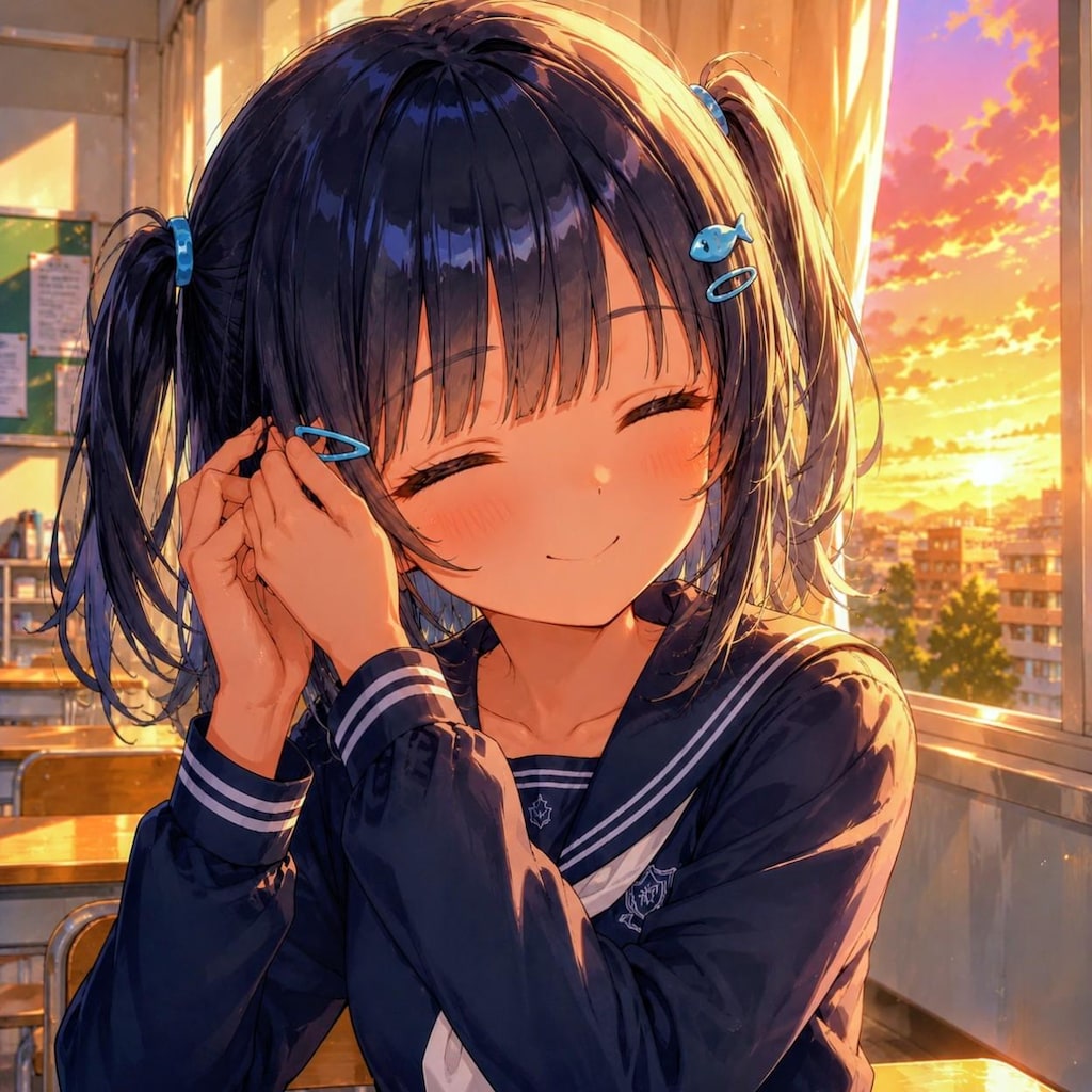 窓際で髪を整えてるこなつちゃん