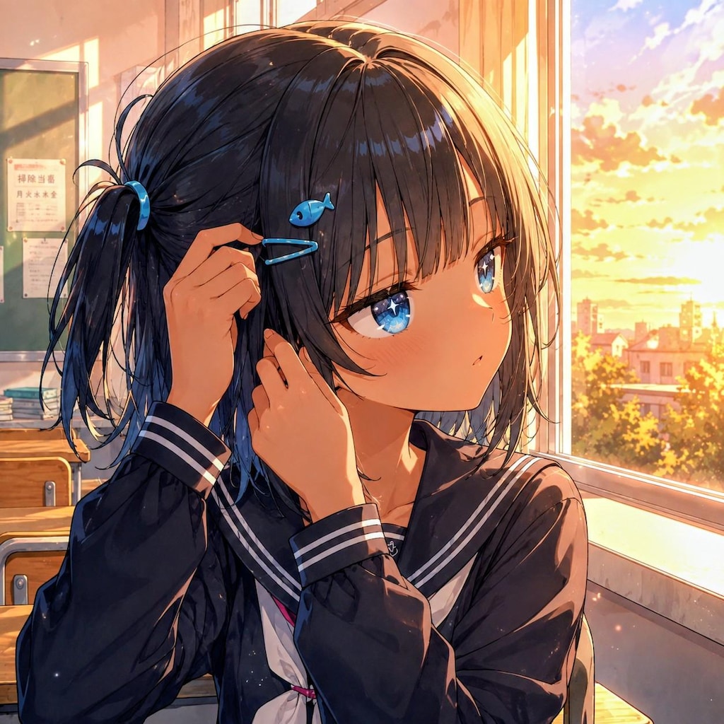 窓際で髪を整えてるこなつちゃん