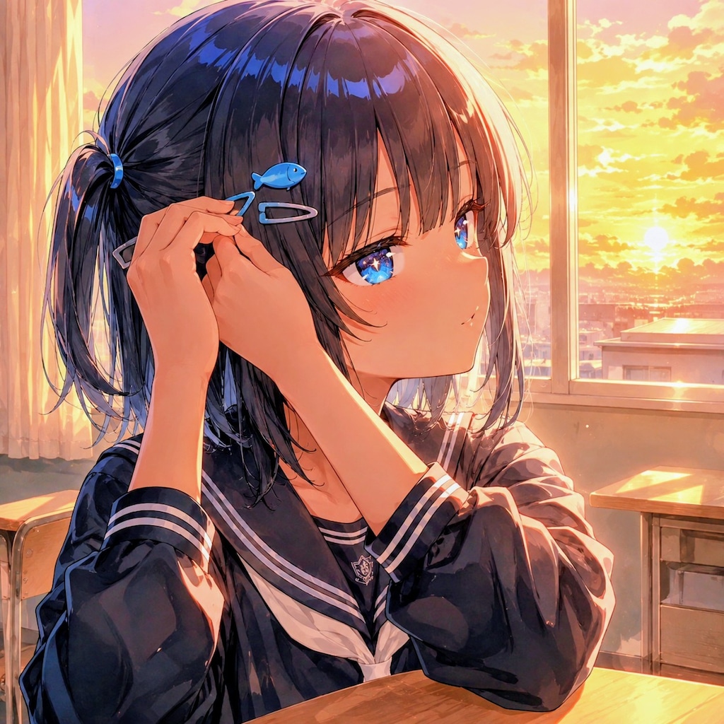 窓際で髪を整えてるこなつちゃん