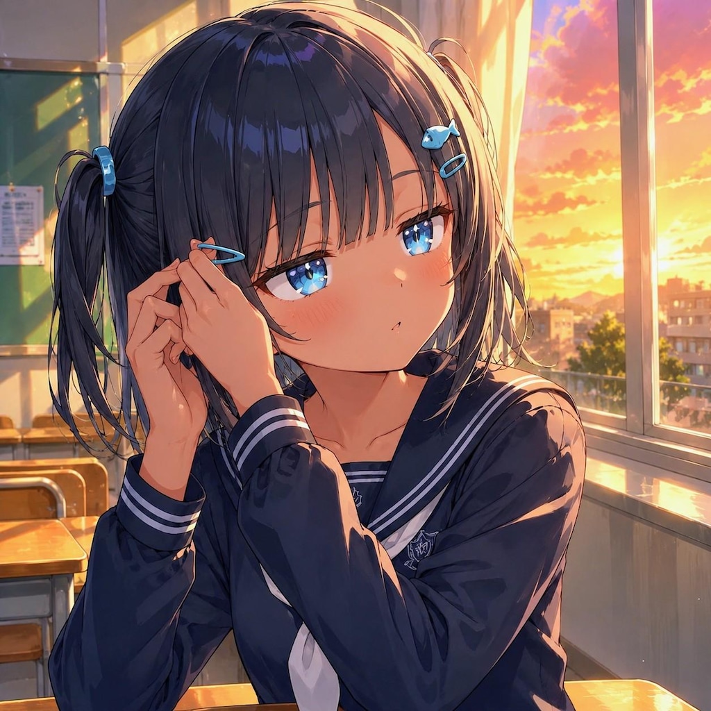 窓際で髪を整えてるこなつちゃん