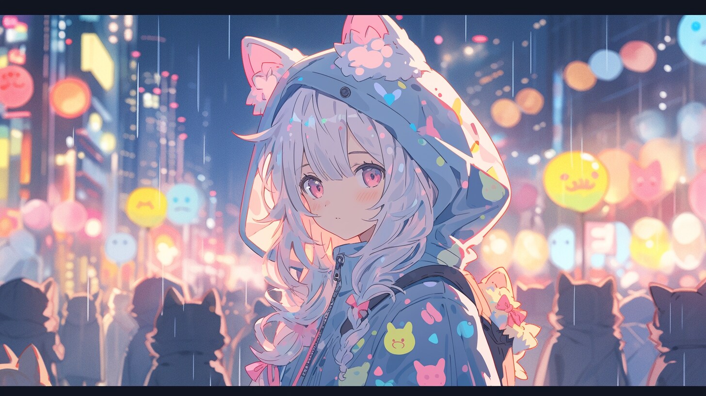 雨のネオン街で出会う猫耳の少女