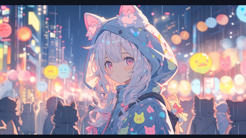 雨のネオン街で出会う猫耳の少女