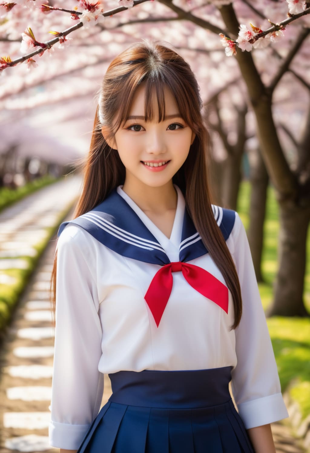 桜並木とセーラー服