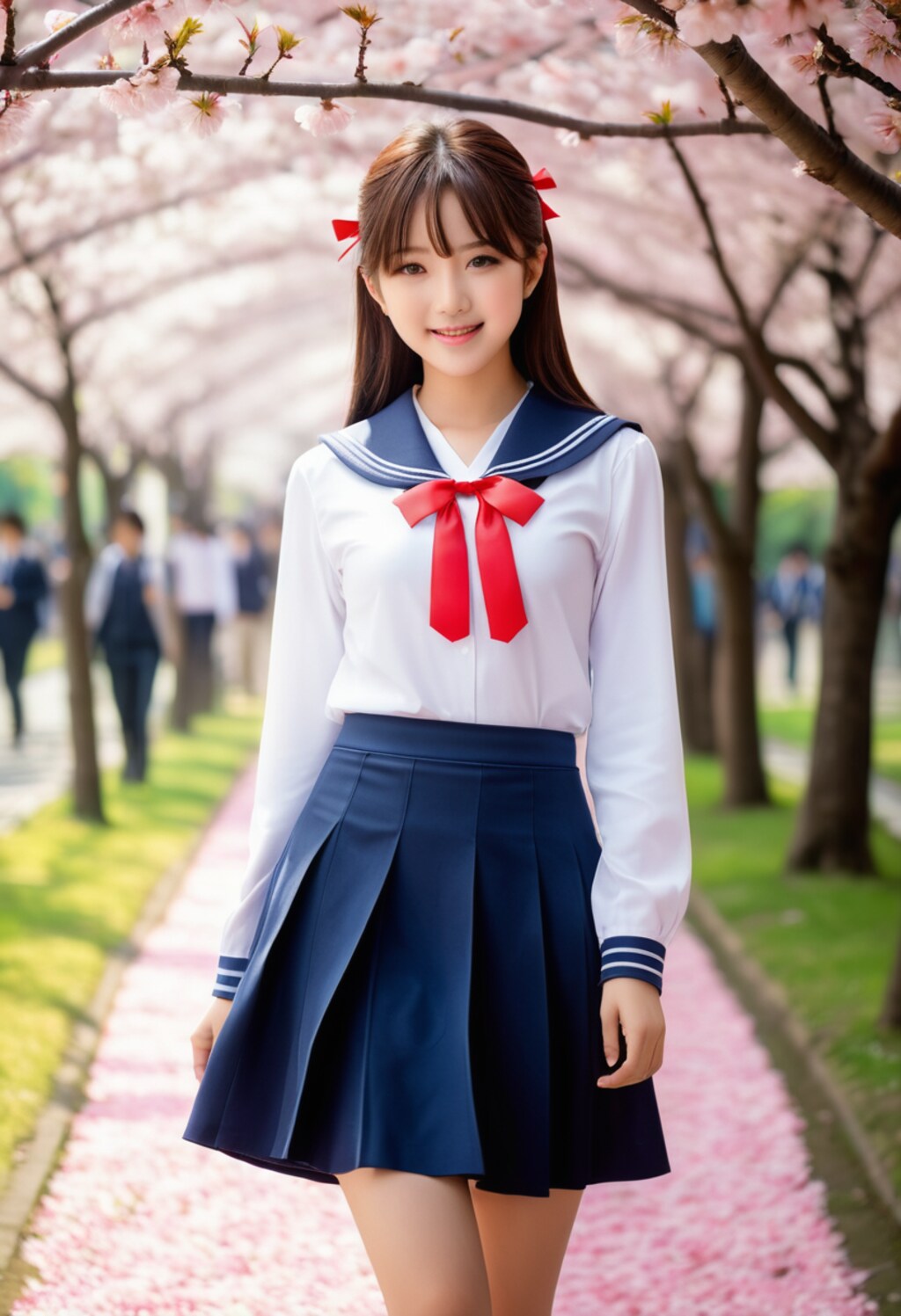 桜並木とセーラー服