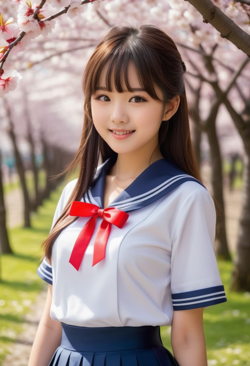 桜並木とセーラー服