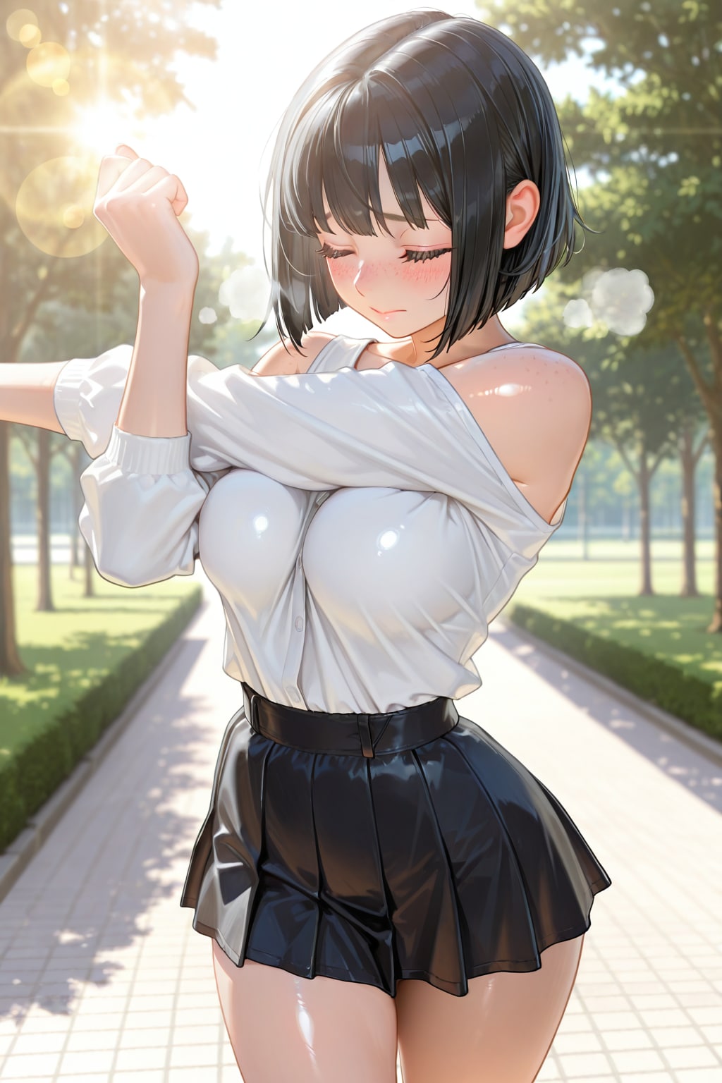 朝の公園でストレッチするそばかすボブちゃん