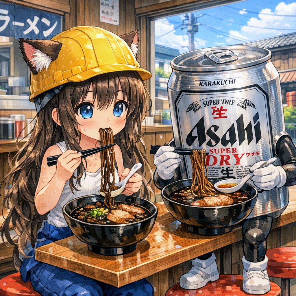富山ブラックラーメンを食べる小さな女の子
