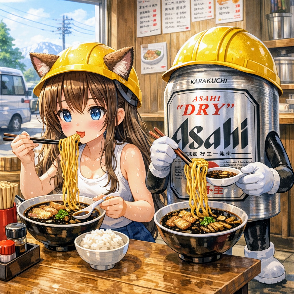 富山ブラックラーメンを食べる小さな女の子